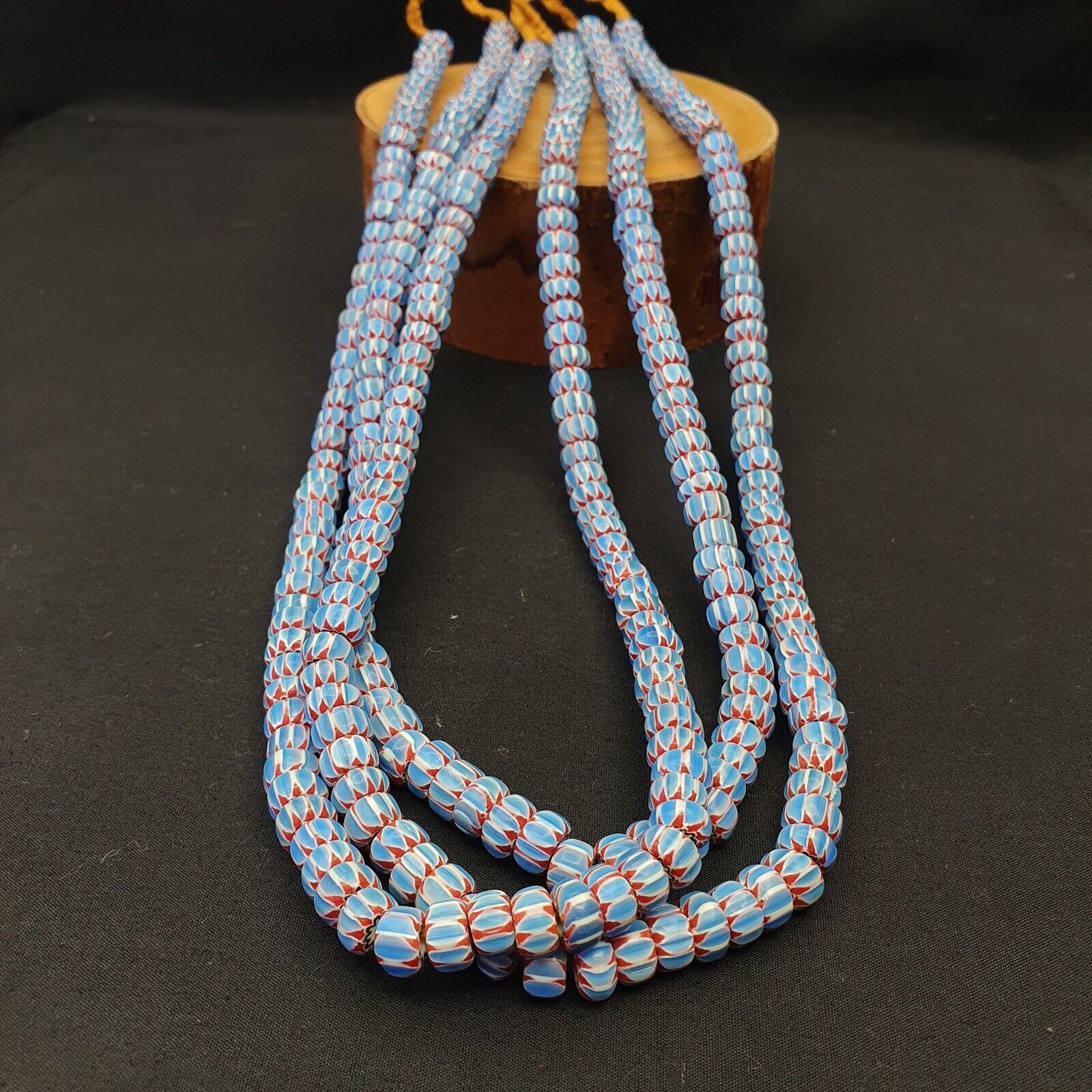 Vintage Venetian African Blue Glass Chevron 9mm Beads Long Strand