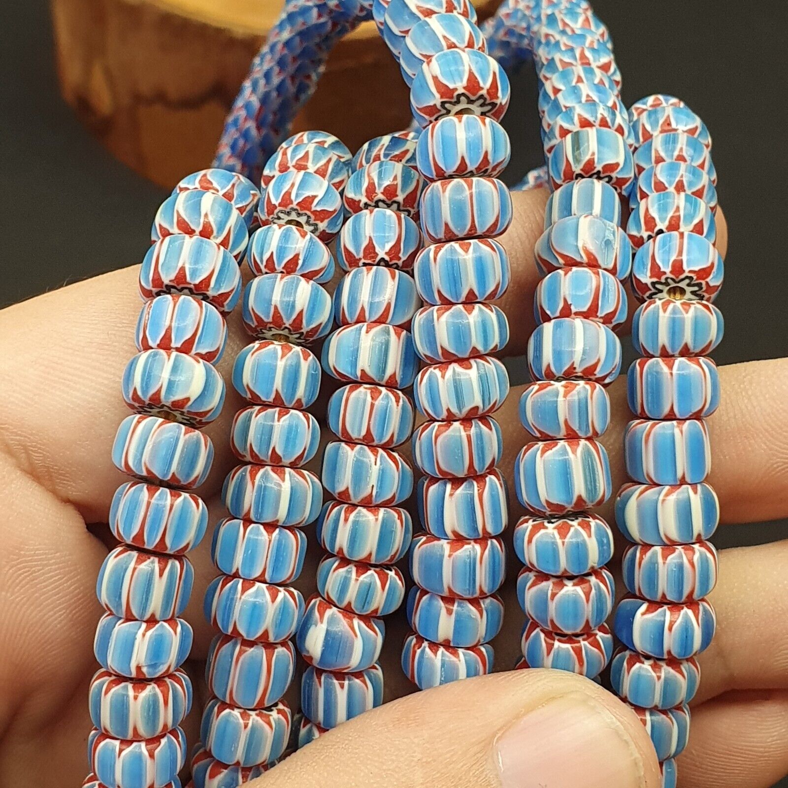 Vintage Venetian African Blue Glass Chevron 9mm Beads Long Strand