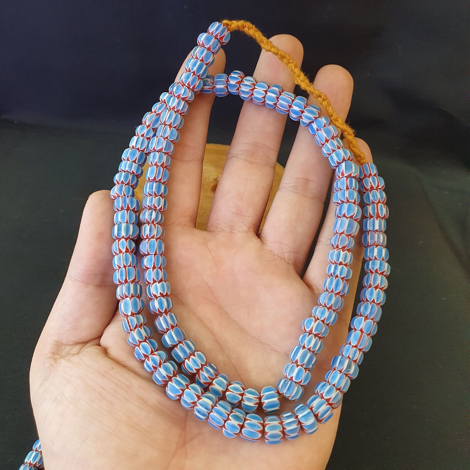 Vintage Venetian African Blue Glass Chevron 9mm Beads Long Strand