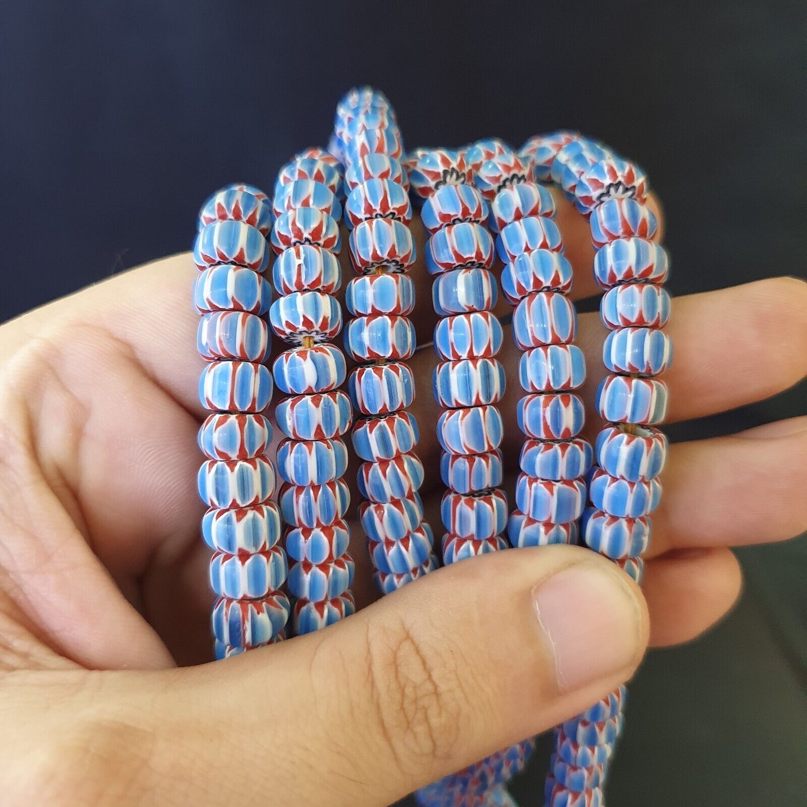 Vintage Venetian African Blue Glass Chevron 9mm Beads Long Strand