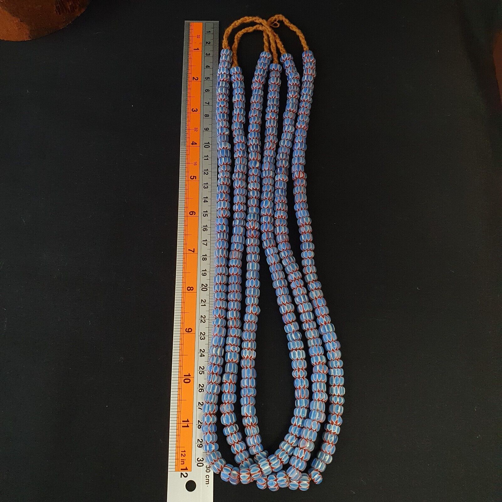 Vintage Venetian African Blue Glass Chevron 9mm Beads Long Strand