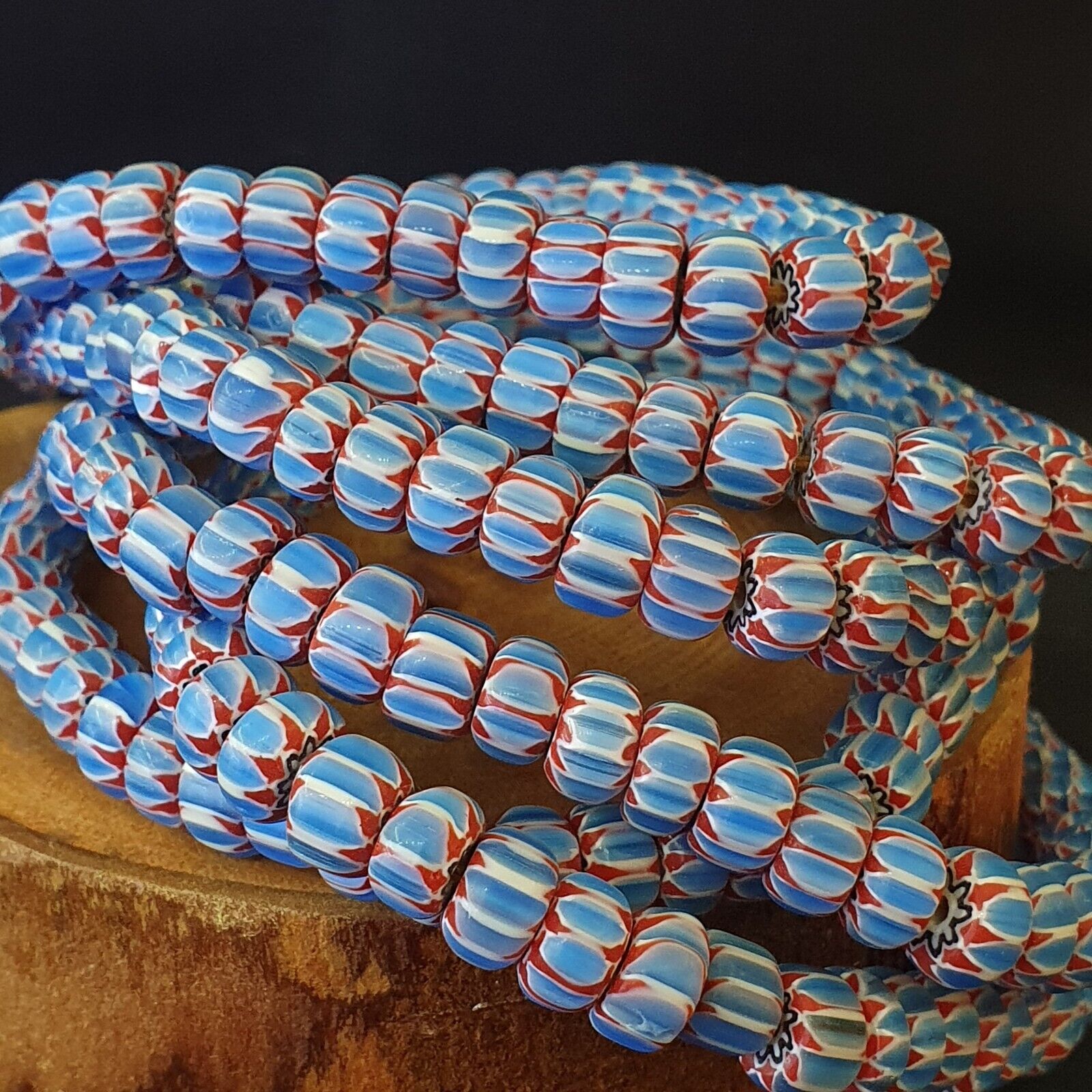 Vintage Venetian African Blue Glass Chevron 9mm Beads Long Strand