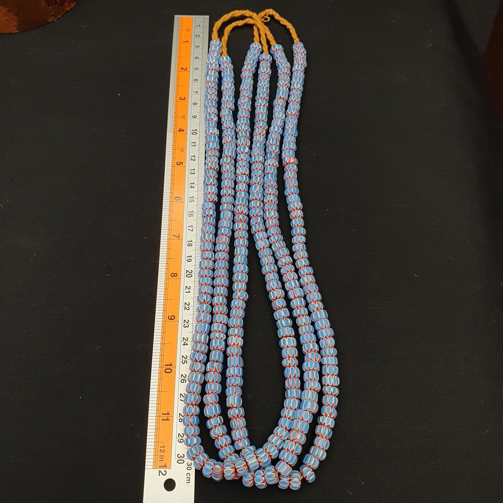 Vintage Venetian African Blue Glass Chevron 9mm Beads Long Strand