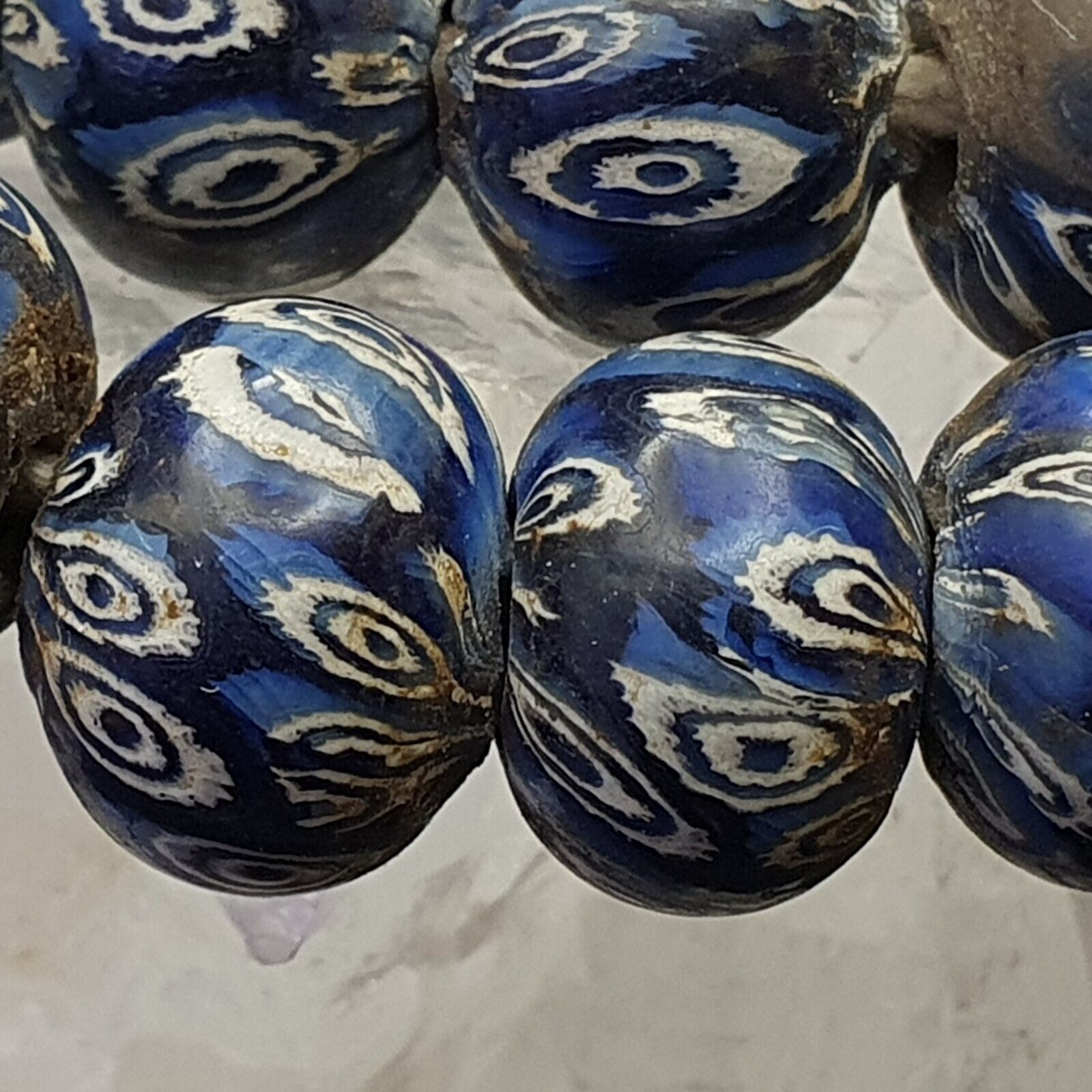 Vintage Antique African Blue Gabri Style Eyes Beads 24 Inch Long Strand 14mm