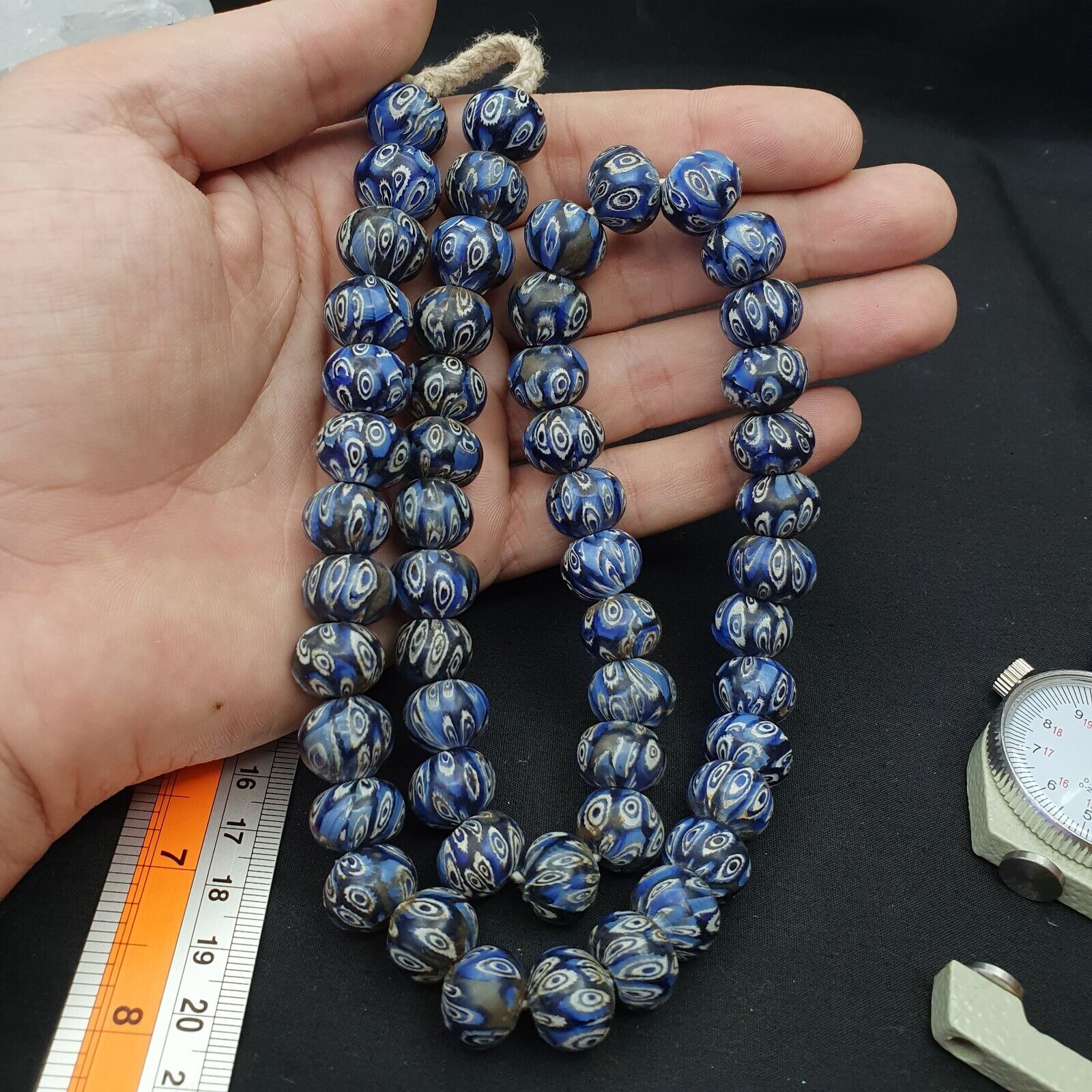 Vintage Antique African Blue Gabri Style Eyes Beads 24 Inch Long Strand 14mm