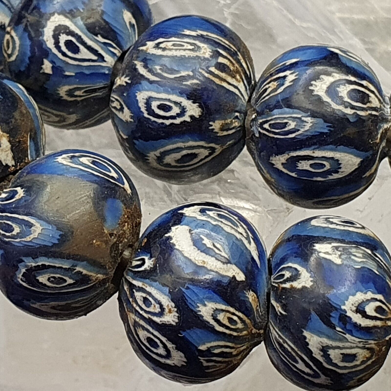 Vintage Antique African Blue Gabri Style Eyes Beads 24 Inch Long Strand 14mm