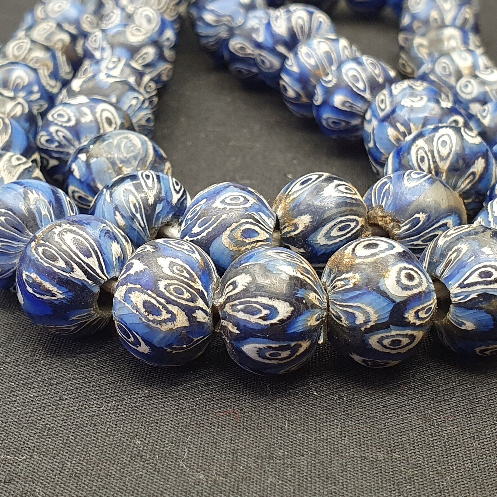 Vintage Antique African Blue Gabri Style Eyes Beads 24 Inch Long Strand 14mm