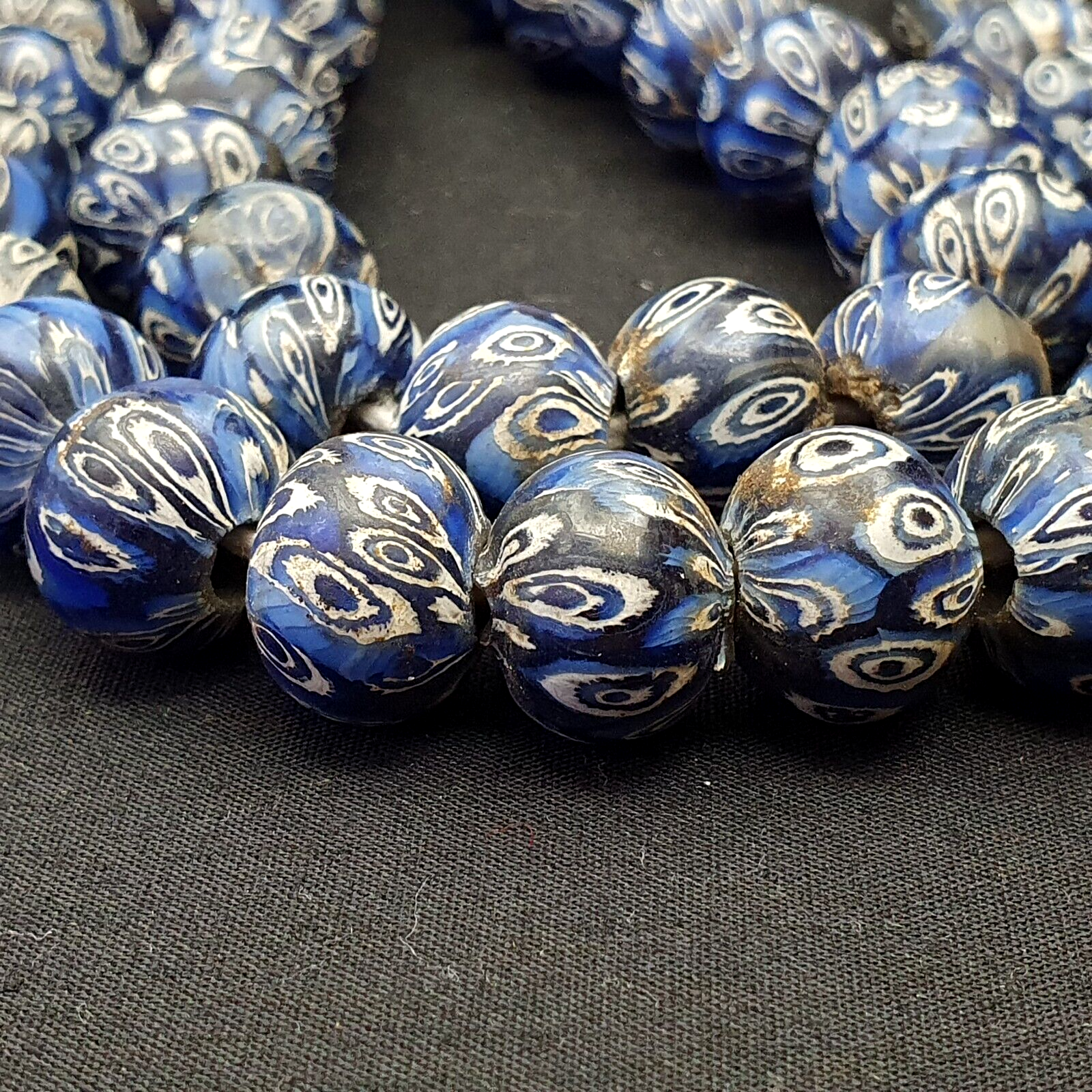 Vintage Antique African Blue Gabri Style Eyes Beads 24 Inch Long Strand 14mm