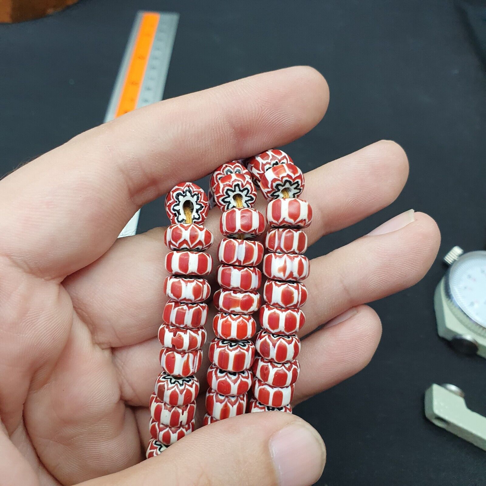 Vintage Chevron Beads Venetian African Brownish Red Glass 9mm Beads Long Strand