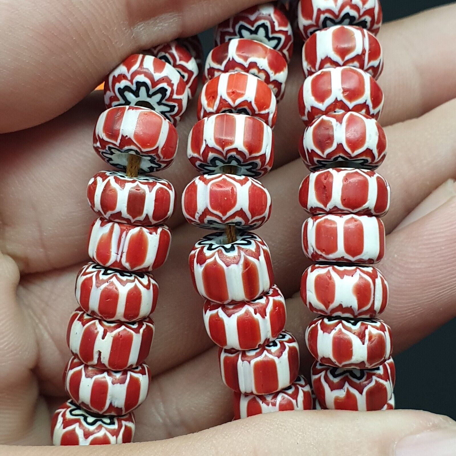 Vintage Chevron Beads Venetian African Brownish Red Glass 9mm Beads Long Strand