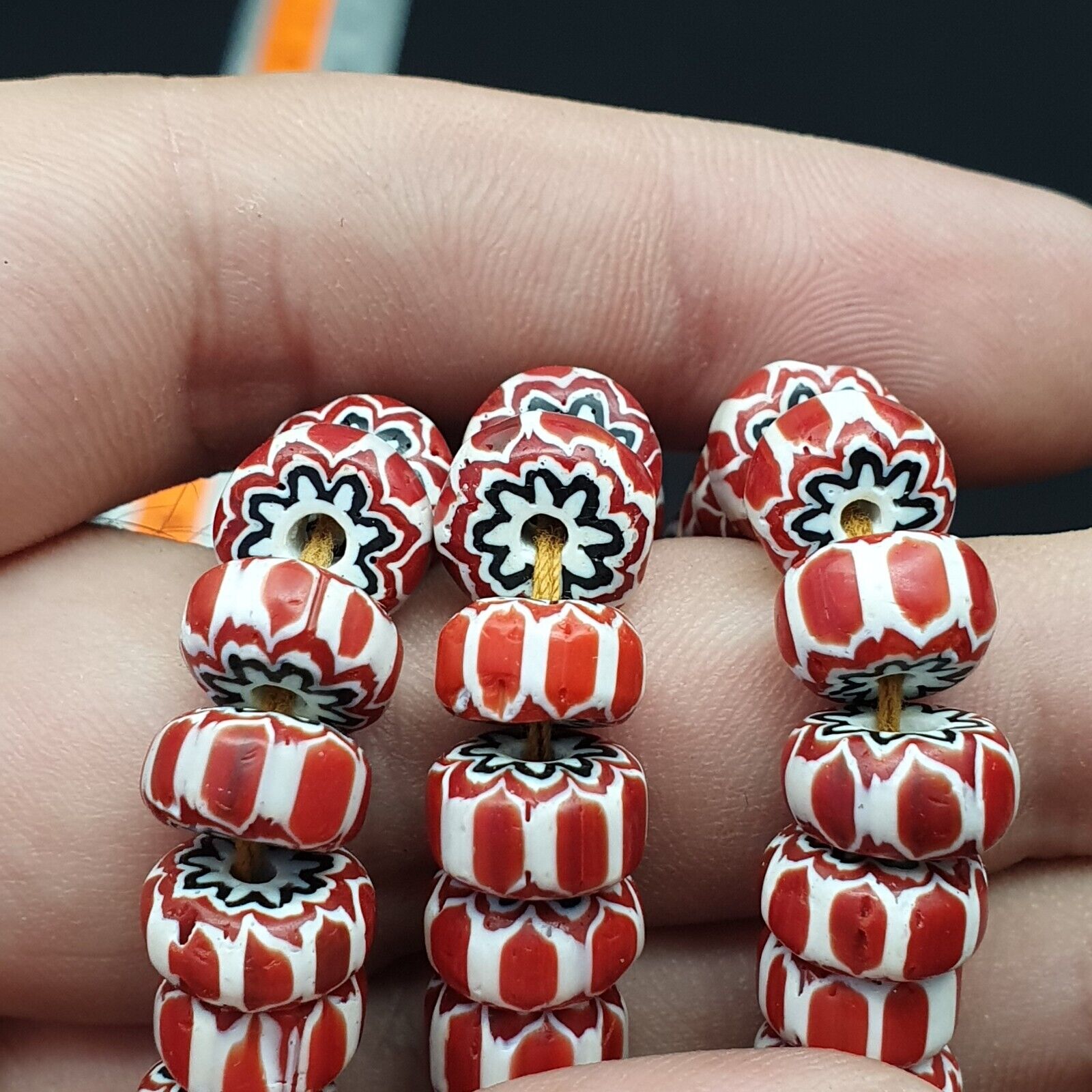 Vintage Chevron Beads Venetian African Brownish Red Glass 9mm Beads Long Strand