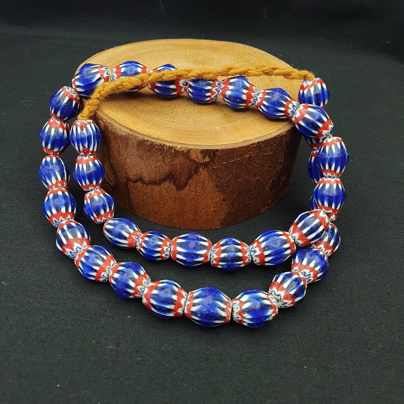 Vintage BLUE Chevron Beads Venetian African 13.5mm 15mmx17mm Beads Long Strand