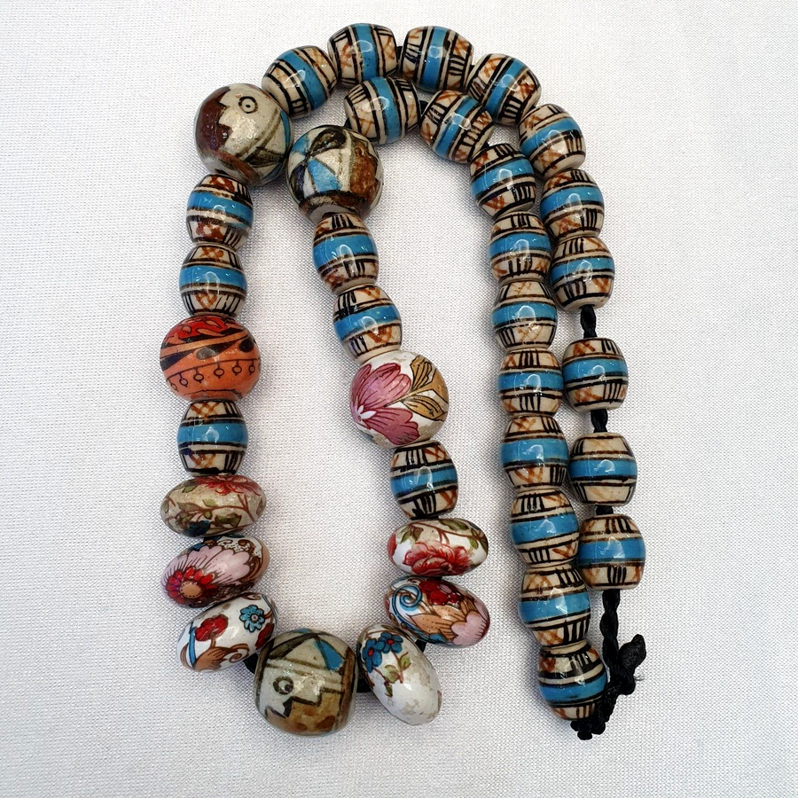 East Oasis Hand Painted Vintage Ceramic and Glass Bead Necklace, Multi Colour Strand