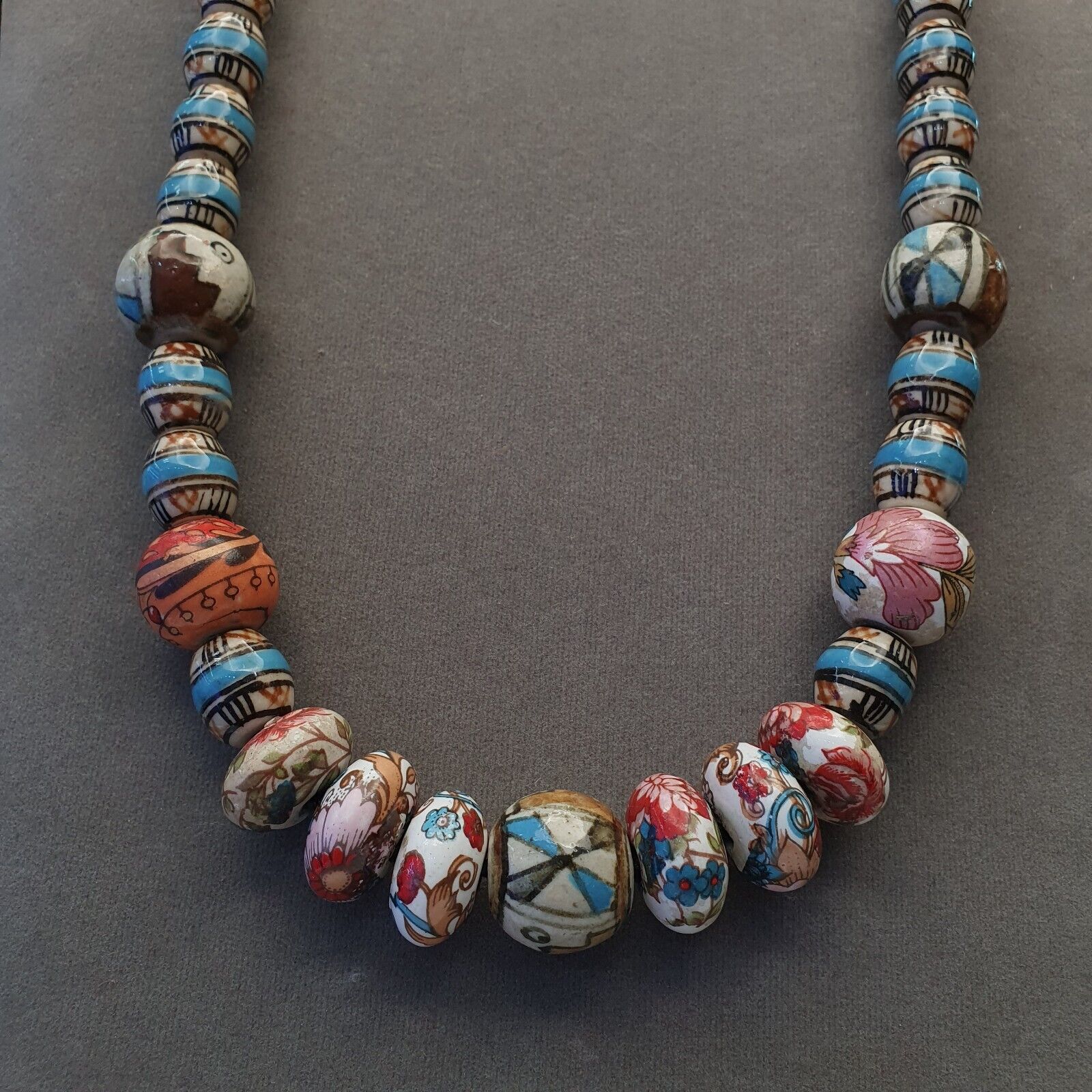 Hand painted Vintage ceramic and Glass beads Beautiful Beaded Necklace