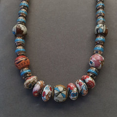 Hand painted Vintage ceramic and Glass beads Beautiful Beaded Necklace