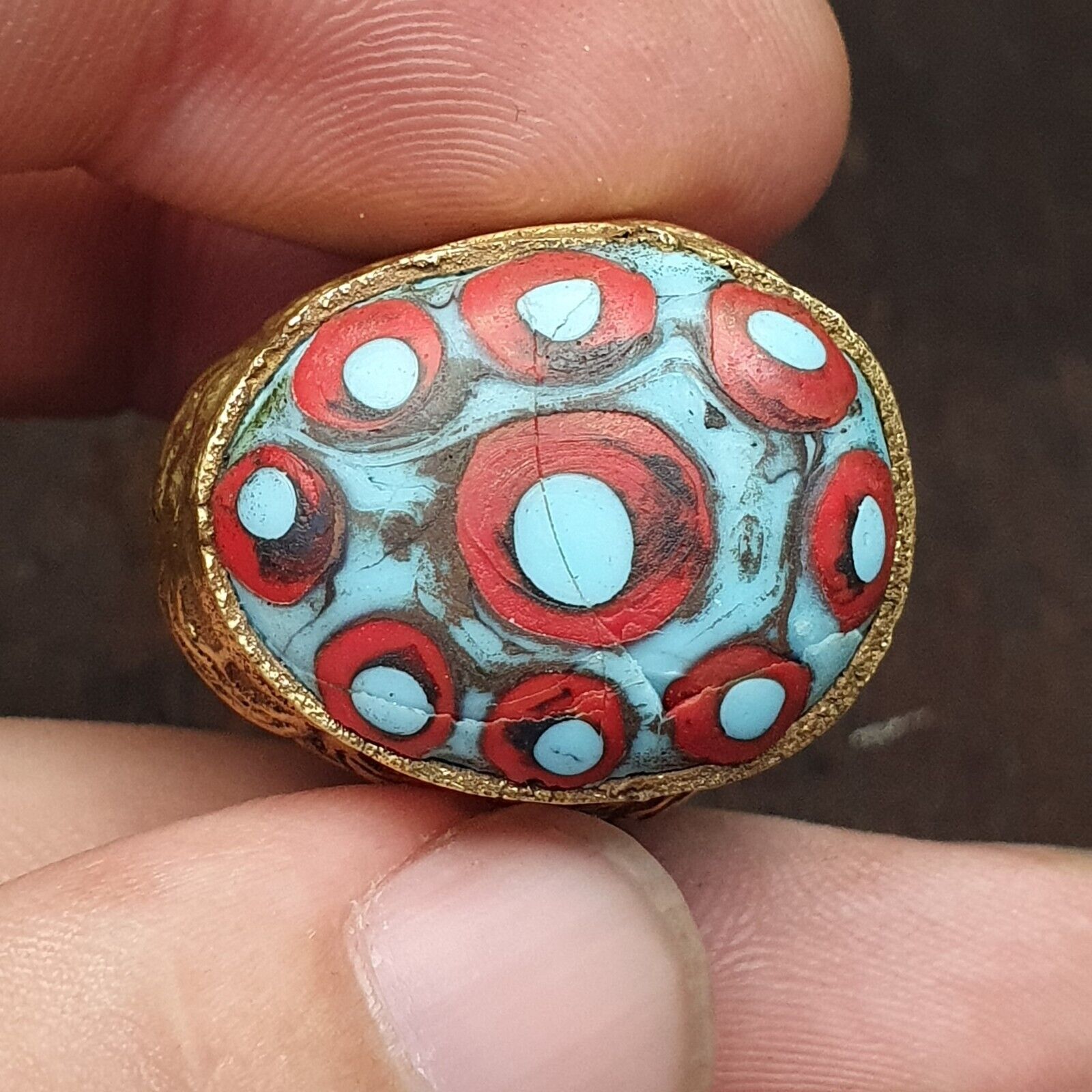 Antique Vintage Old Glass With Beautiful Eyes Brass Ring