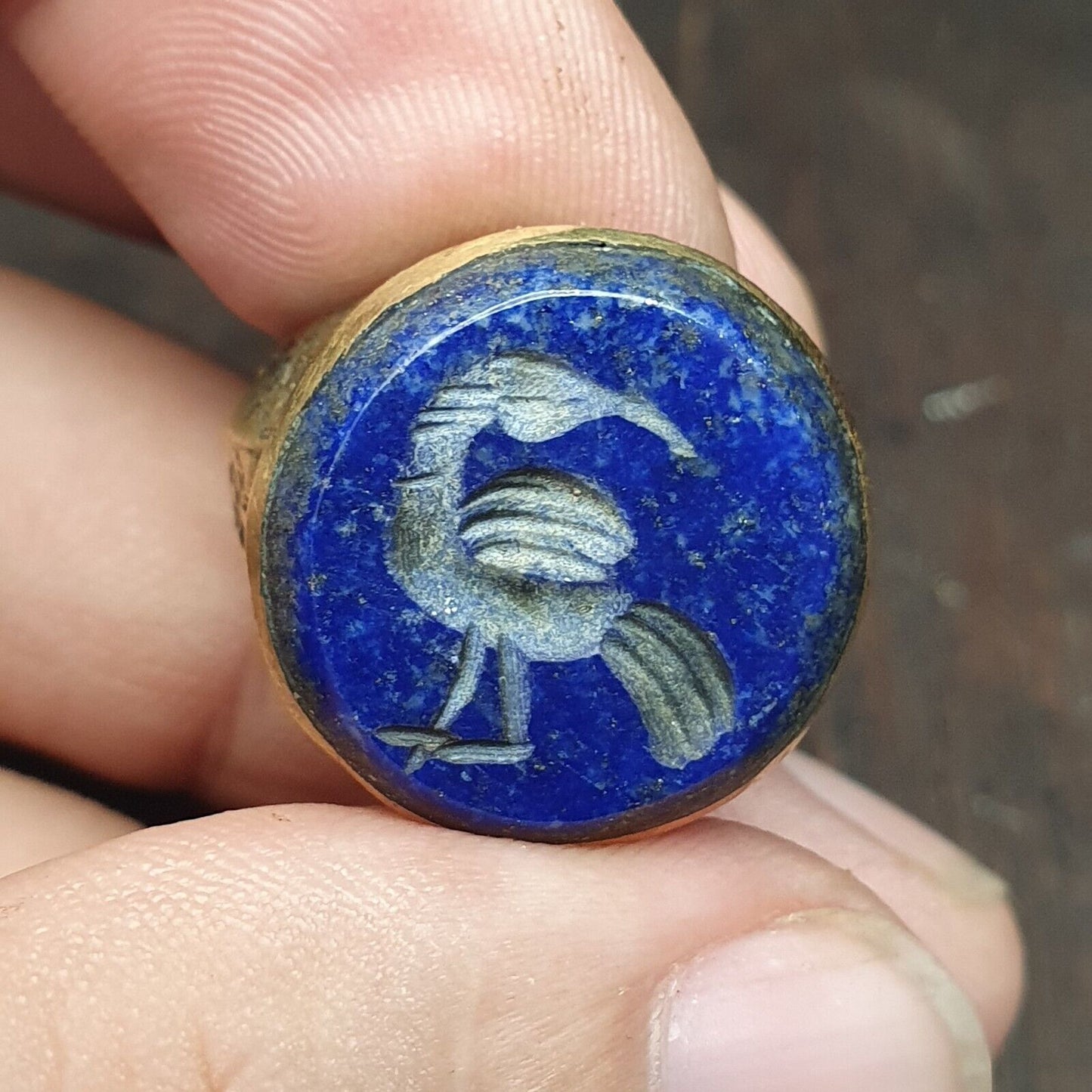Antiker Vintage alter Lapis-Stein-Vogel-Intaglio-Messingring