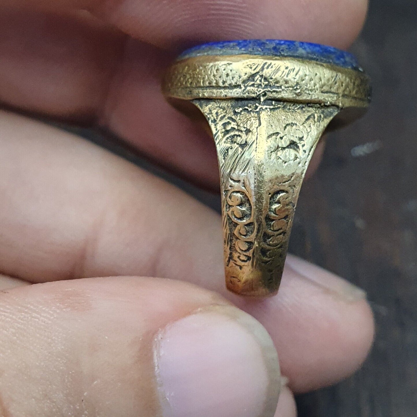Antiker Vintage alter Lapis-Stein-Vogel-Intaglio-Messingring