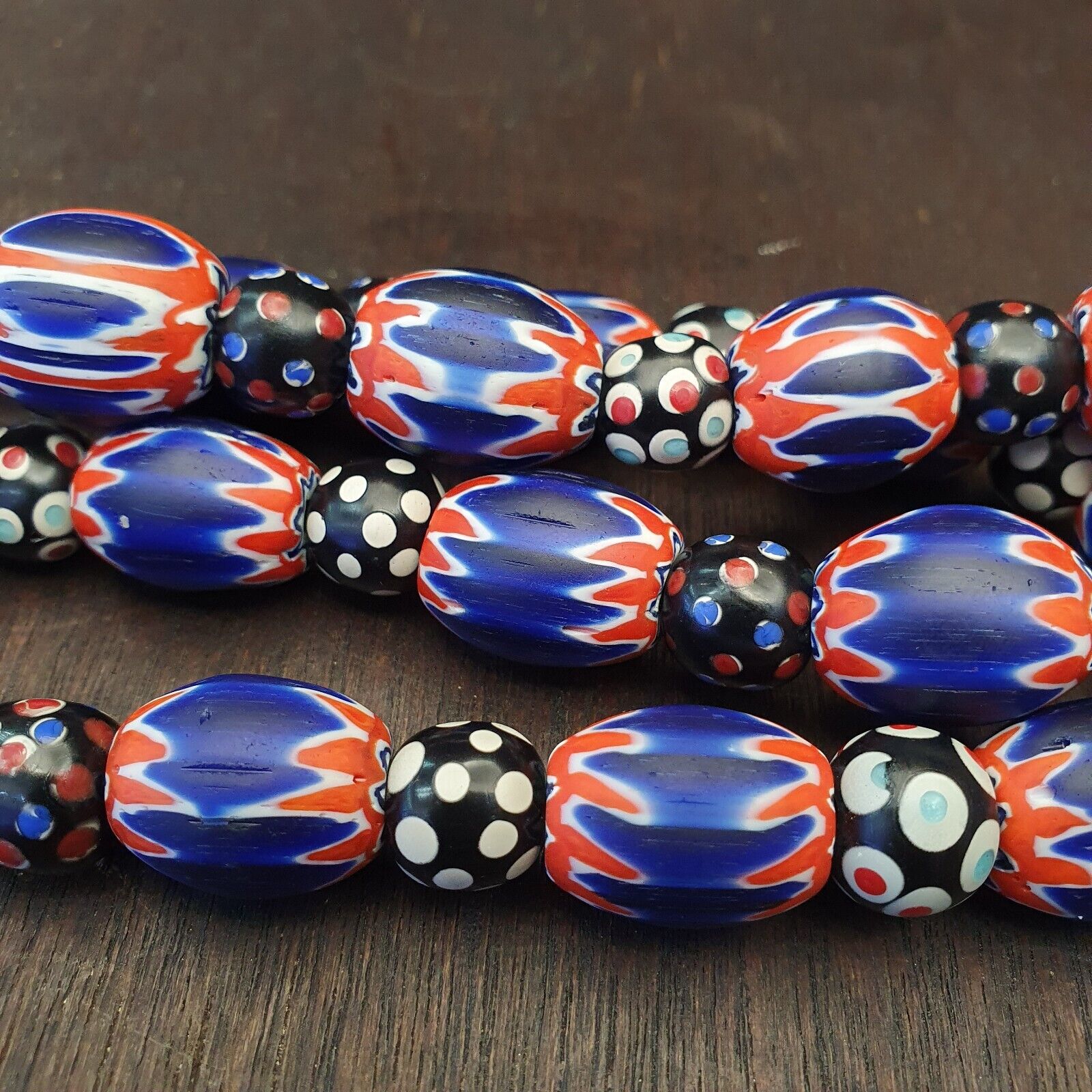 Antique Venetian inspired African Blue Glass Chevron and hundred eyes Beads