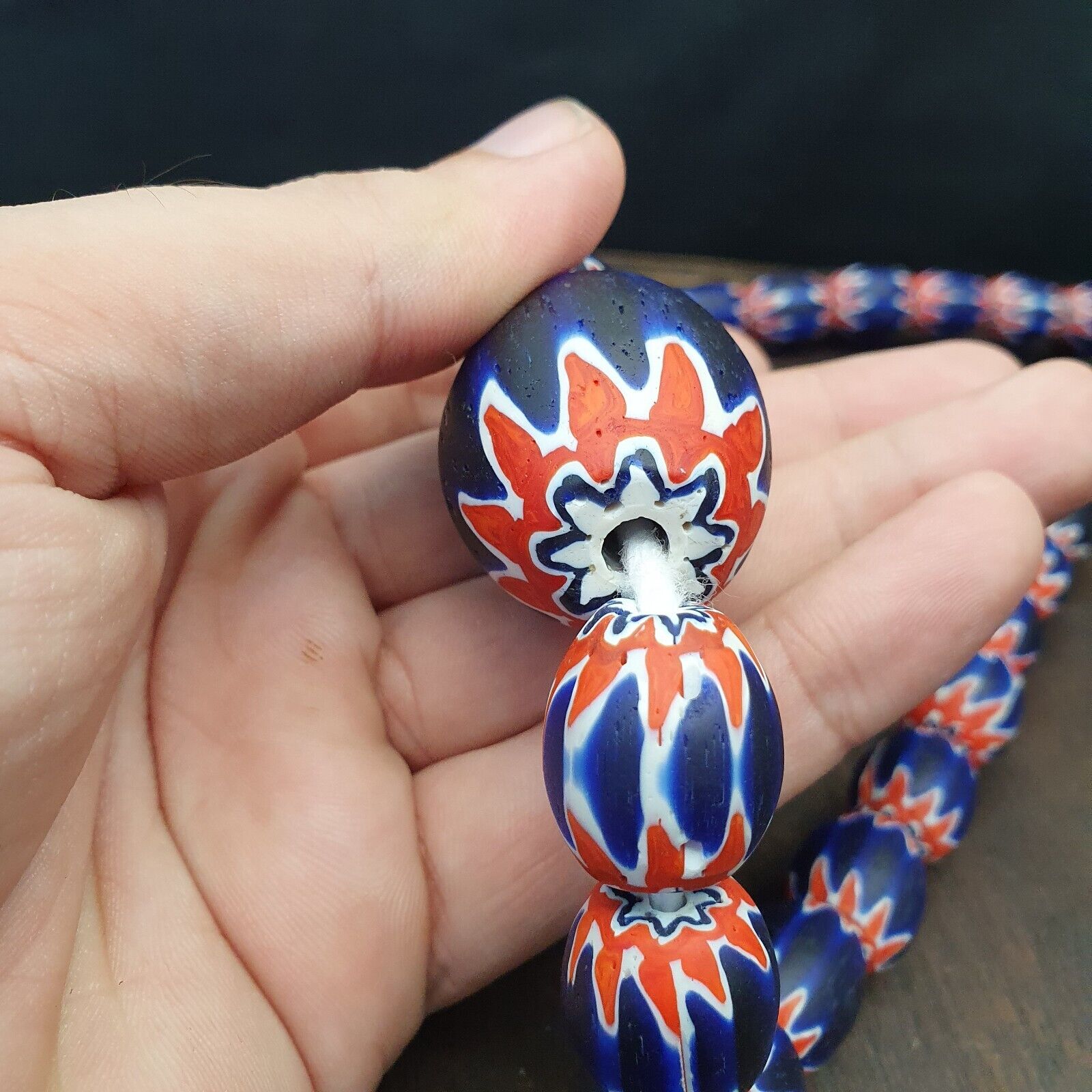 Antique Venetian inspired African Blue Glass Chevron With Big Bead 41mm