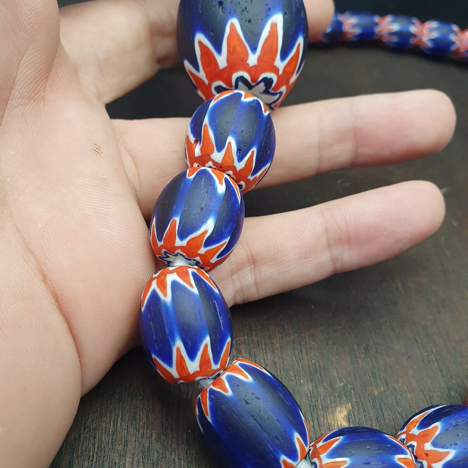 Antique Venetian inspired African Blue Glass Chevron With Big Bead 41mm
