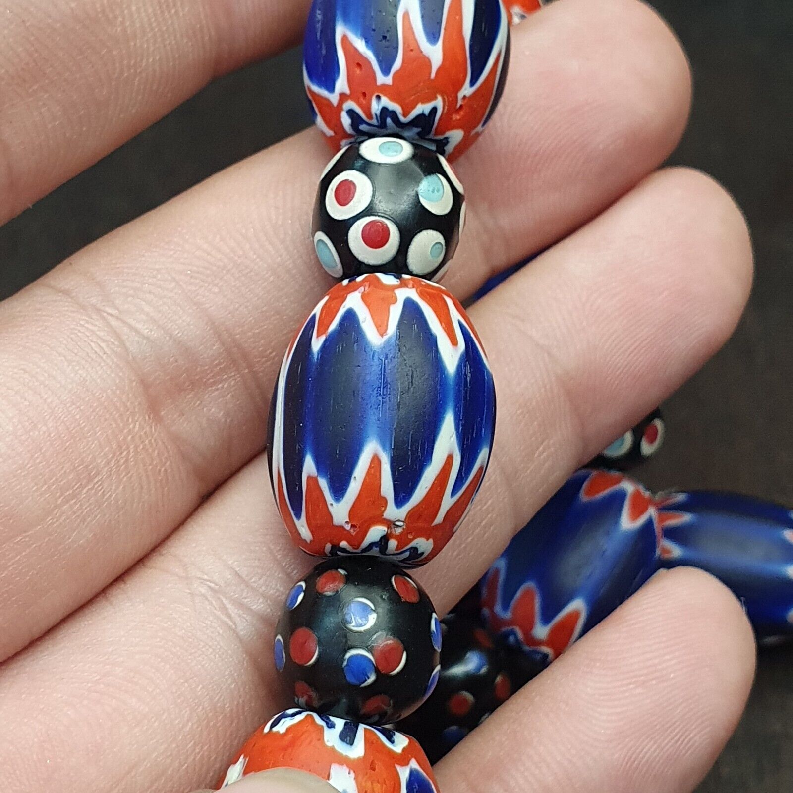 Antique Venetian inspired African Blue Glass Chevron and hundred eyes Beads