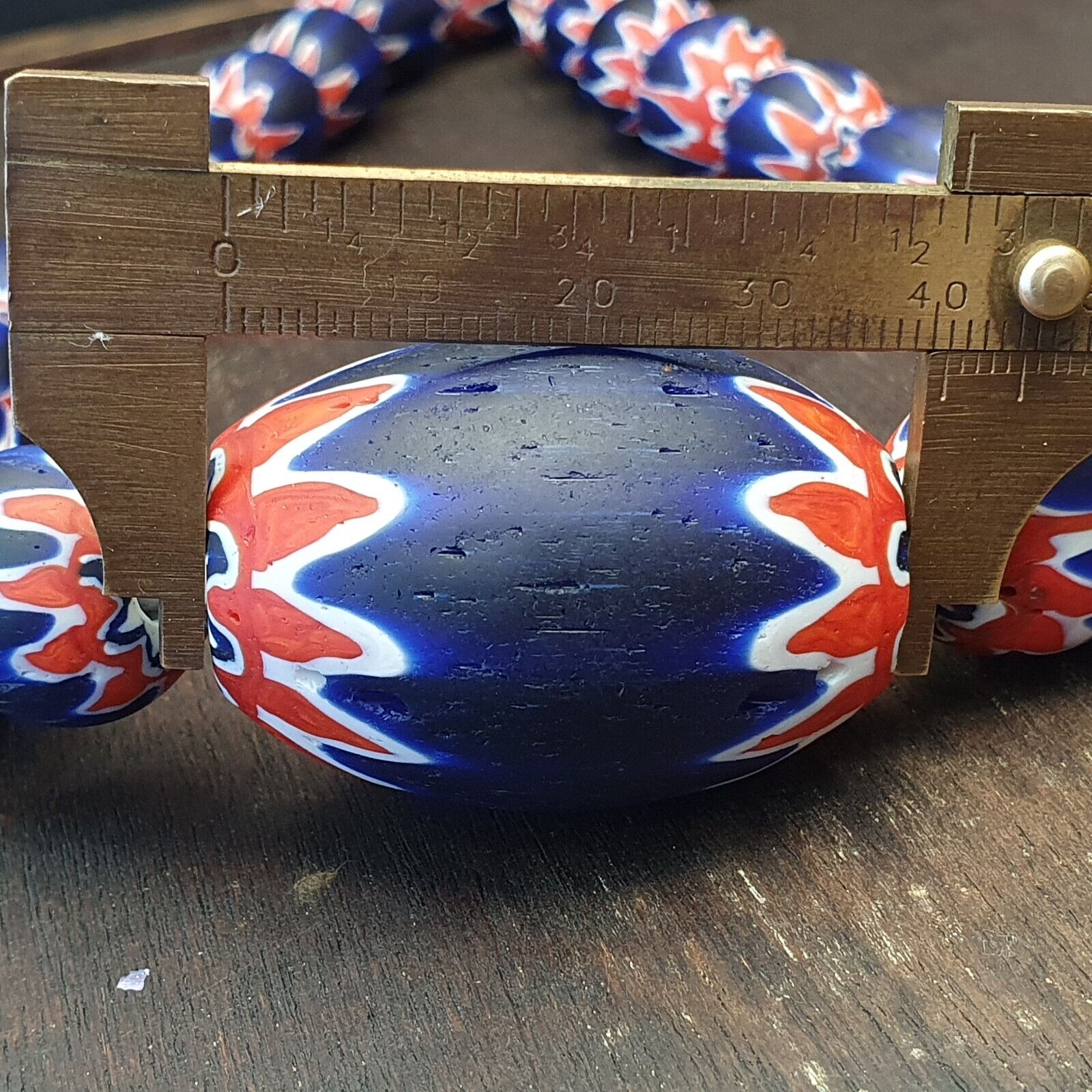 Antique Venetian inspired African Blue Glass Chevron With Big Bead 41mm