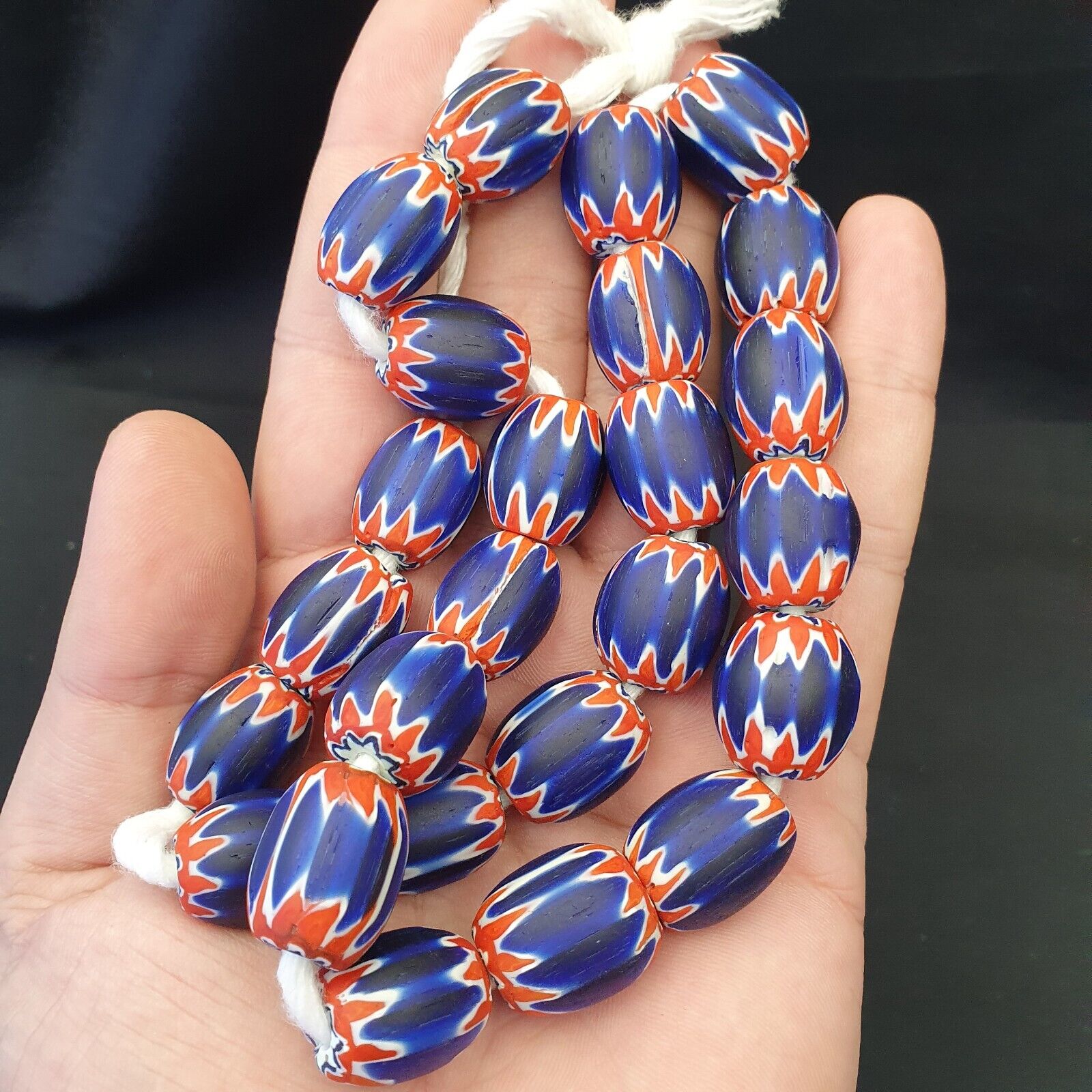 Antique Venetian inspired African Blue Glass Chevron Beads Necklace 25 Beads