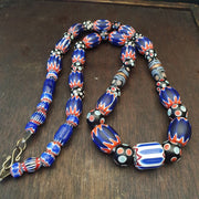 East Oasis Antique Thousand Eyes and Chevron Glass Bead Necklace, Blue Red White