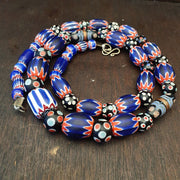 East Oasis Antique Thousand Eyes and Chevron Glass Bead Necklace, Blue Red White
