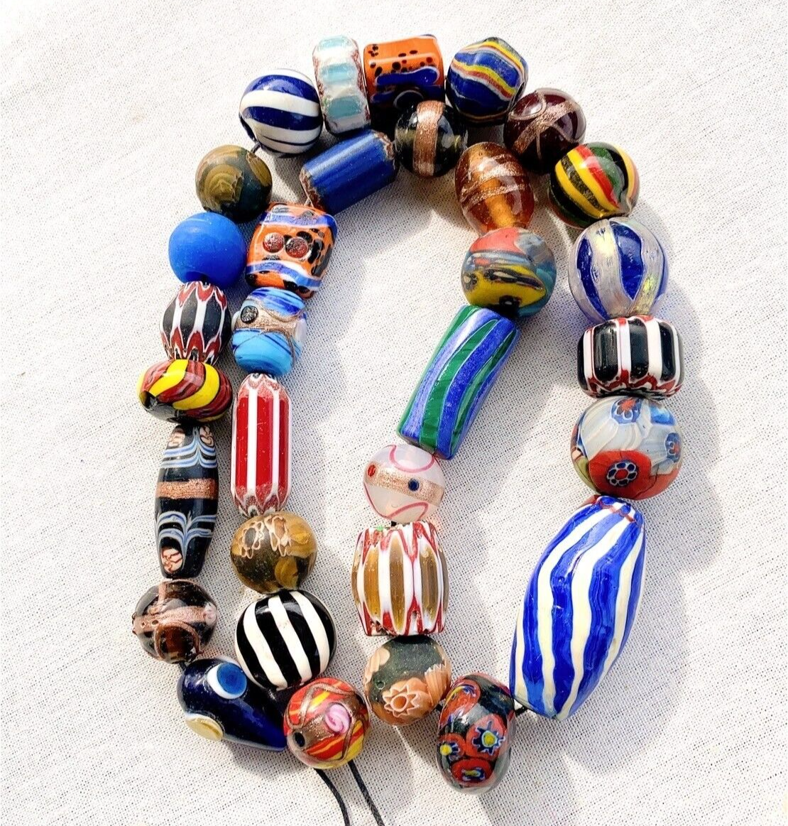 Vintage Chevron and Fancy GLASS BEADS Beaded NECKLACE Long Strand