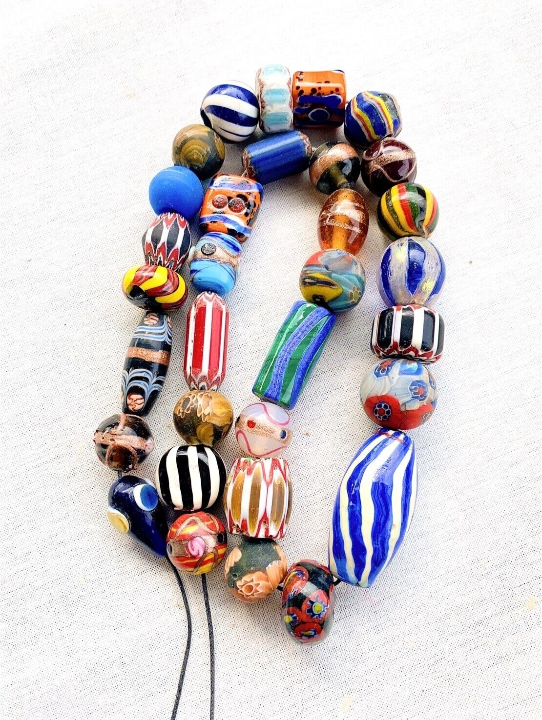 Vintage Chevron and Fancy GLASS BEADS Beaded NECKLACE Long Strand
