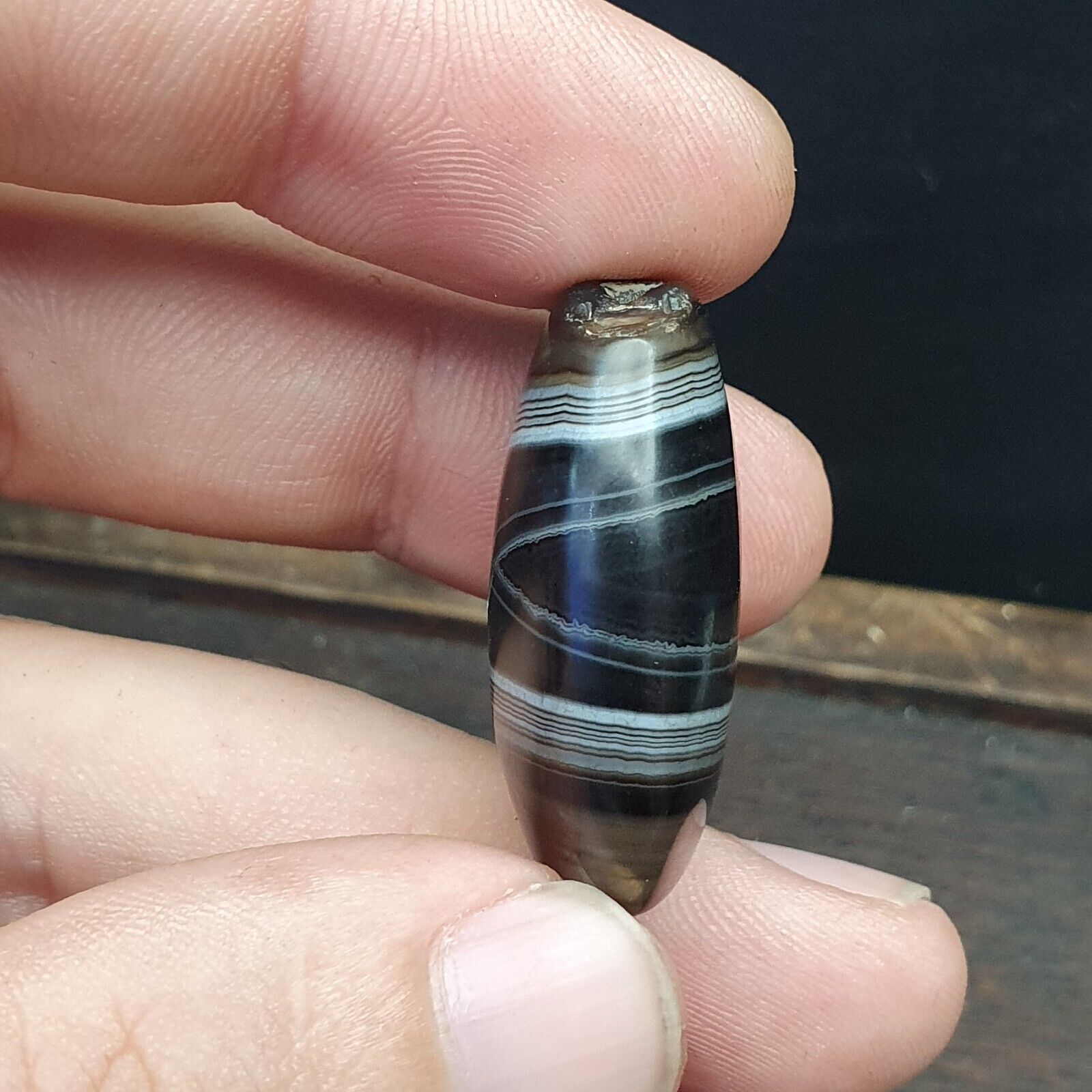 Antique Old Himalayan Indo Tibetan Very Rare Pattern Agate Bead Amulet