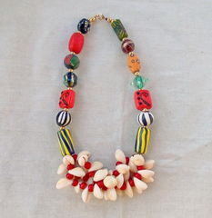 HANDMADE Antique White Heart beads Vintage and New GLASS BEADS Shell NECKLACE