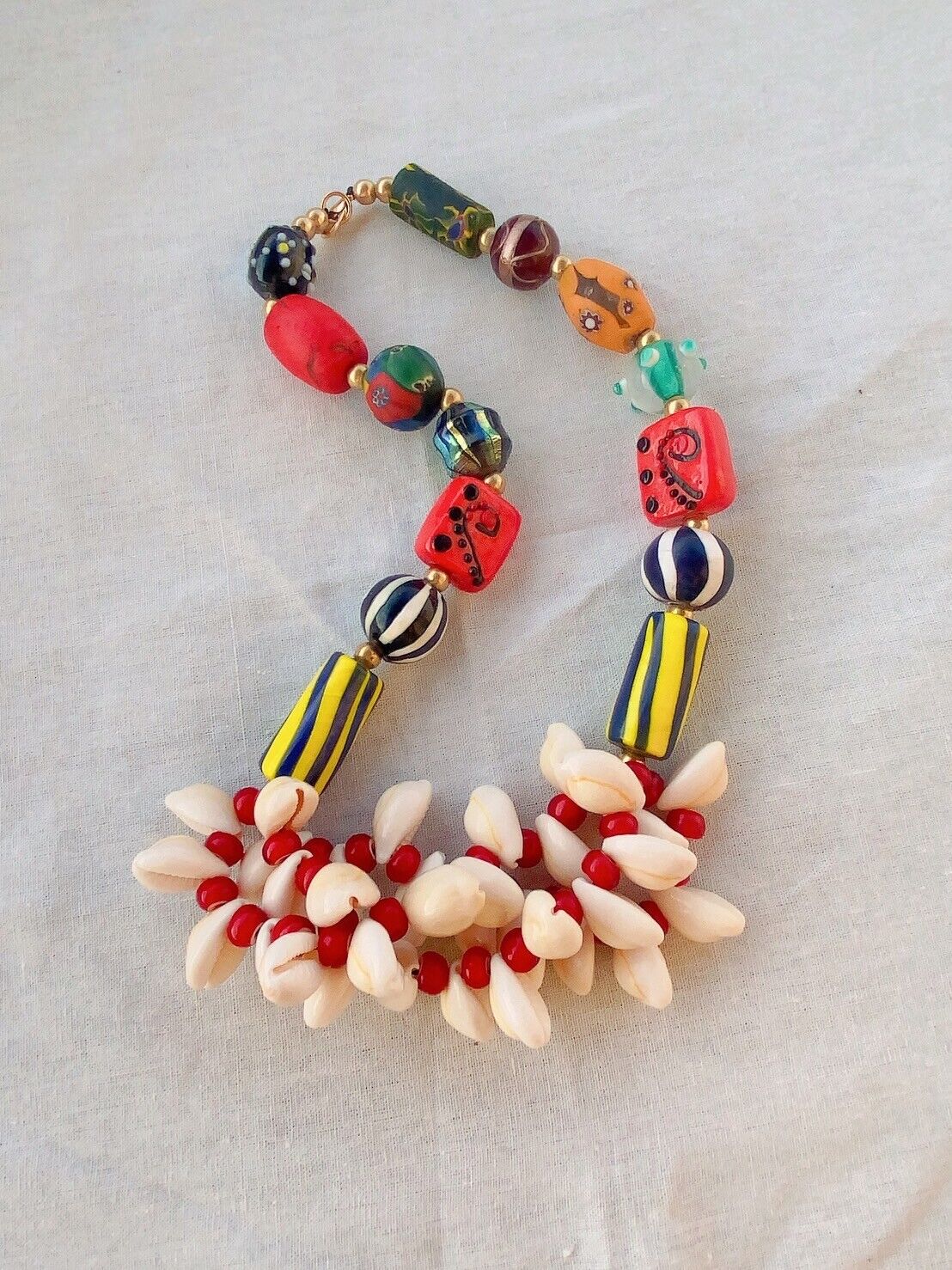 HANDMADE Antique White Heart beads Vintage and New GLASS BEADS Shell NECKLACE