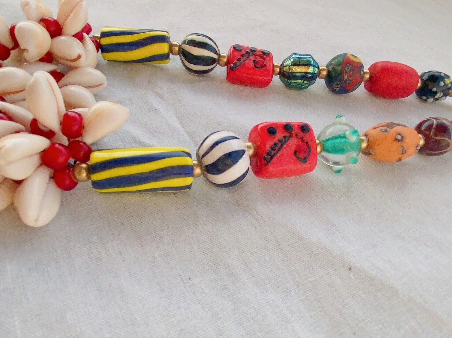 HANDMADE Antique White Heart beads Vintage and New GLASS BEADS Shell NECKLACE