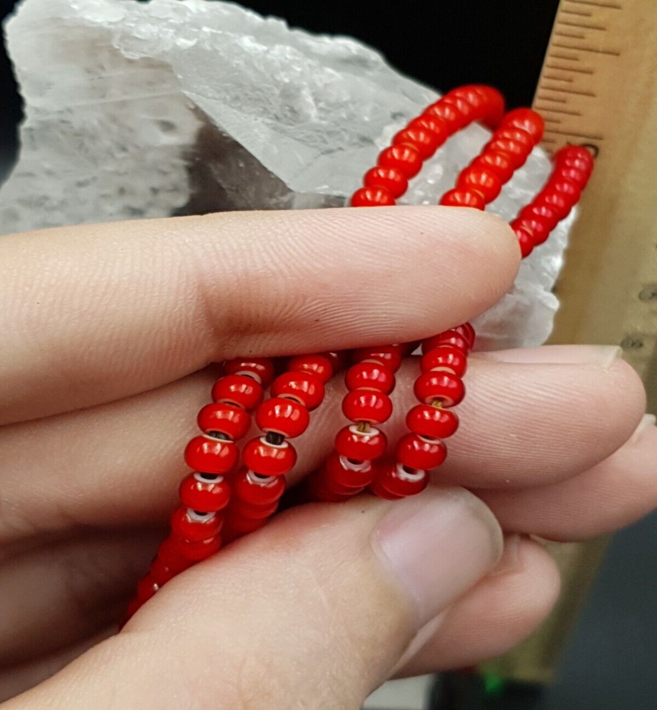 4 mm Antique Venetian RED White Heart Trade Beads long strand necklace