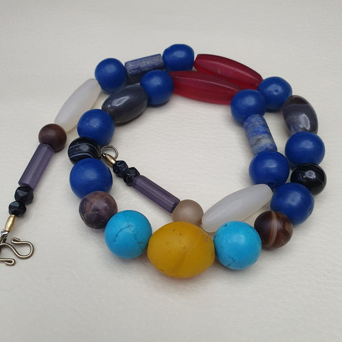 Antique Old Himalayan and African Agate and Glass Beads Strand Necklace