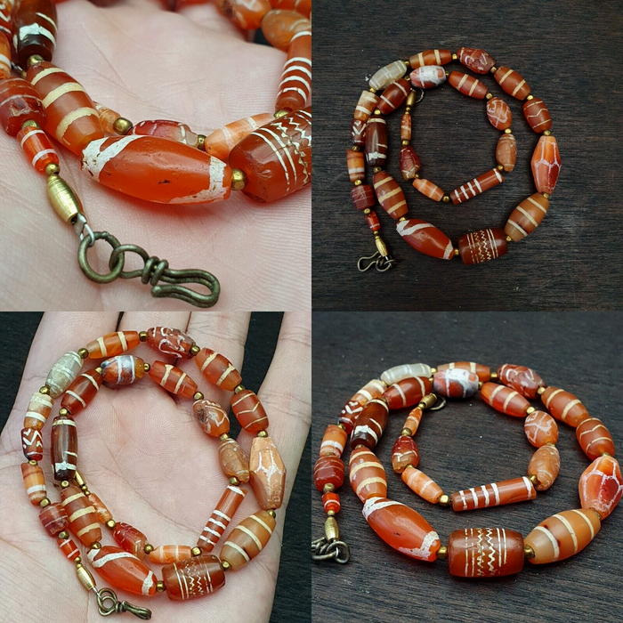 Antique Ancient Tibetan Himalayan Etched Agate Longevity Dzi Beads Mala Necklace