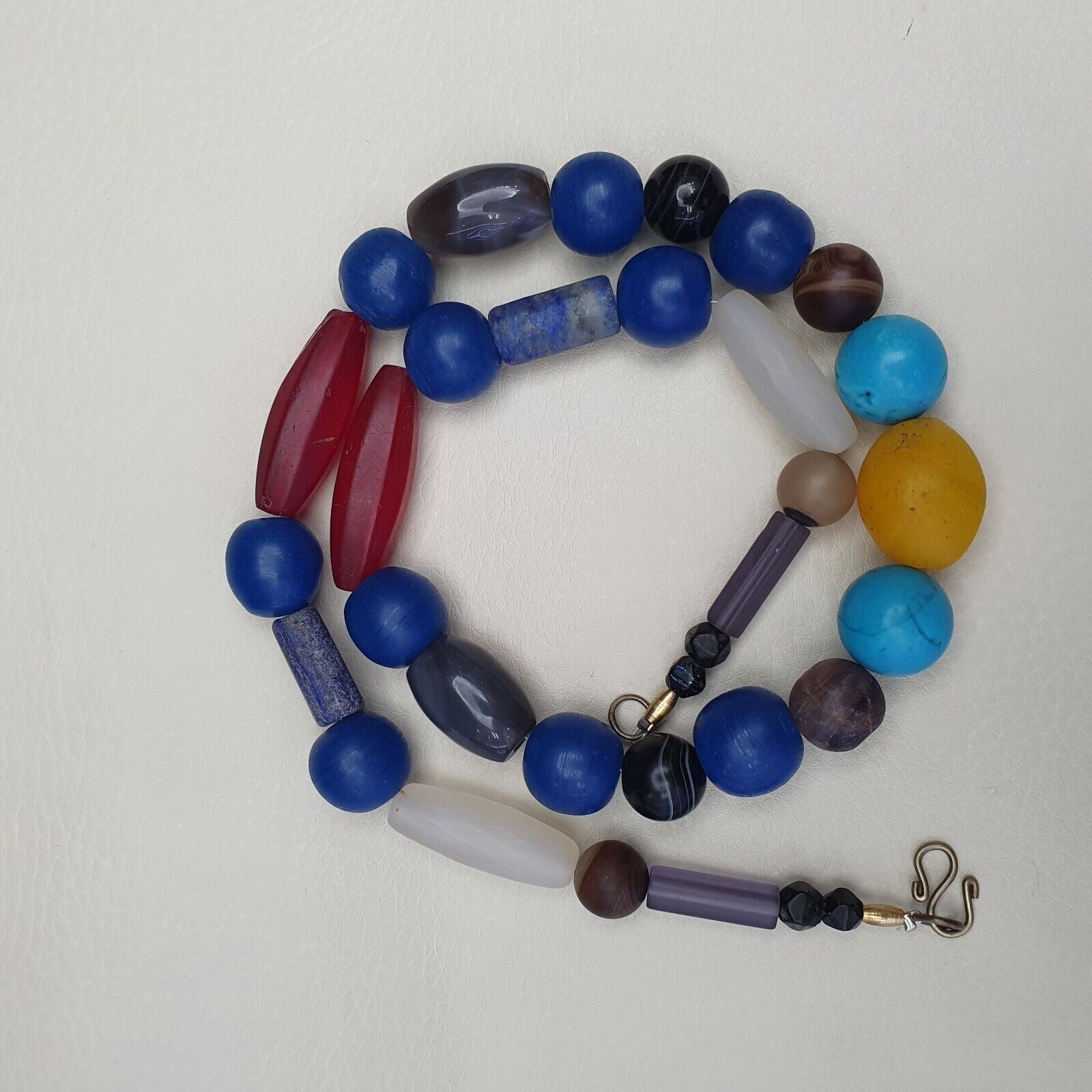 Antique old Himalayan and African Agate and Glass Beads Strand Necklace