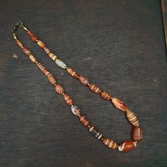 Antique Ancient Tibetan Himalayan Etched Agate Longevity Dzi Beads MALA Necklace