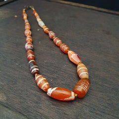 Antique Ancient Tibetan Himalayan Etched Agate Longevity Dzi Beads MALA Necklace
