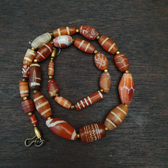 Antique Ancient Tibetan Himalayan Etched Agate Longevity Dzi Beads MALA Necklace