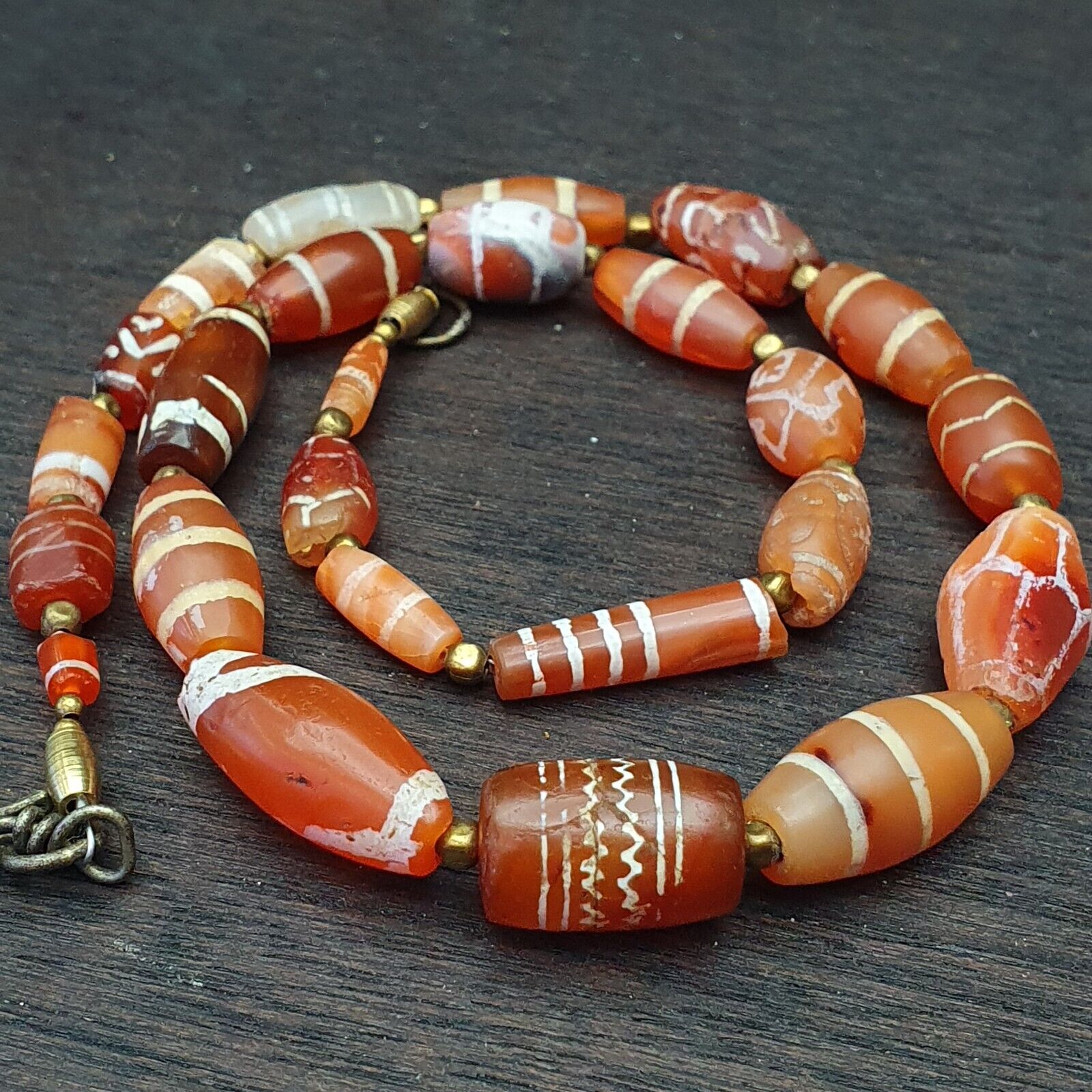 Antique Ancient Tibetan Himalayan Etched Agate Longevity Dzi Beads MALA Necklace