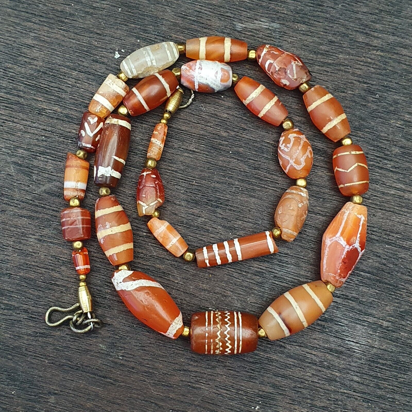 Antique Ancient Tibetan Himalayan Etched Agate Longevity Dzi Beads MALA Necklace