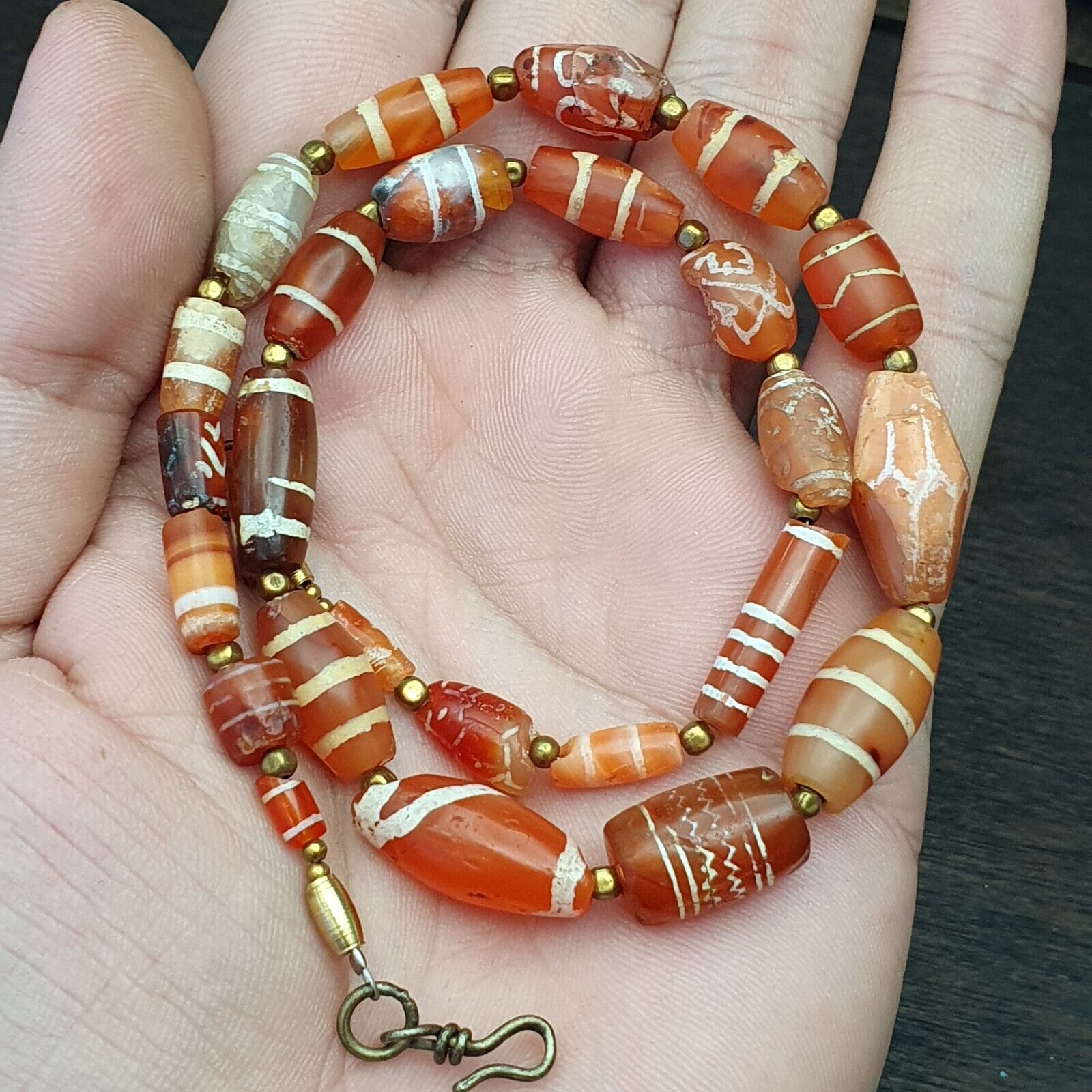 Antique Ancient Tibetan Himalayan Etched Agate Longevity Dzi Beads MALA Necklace