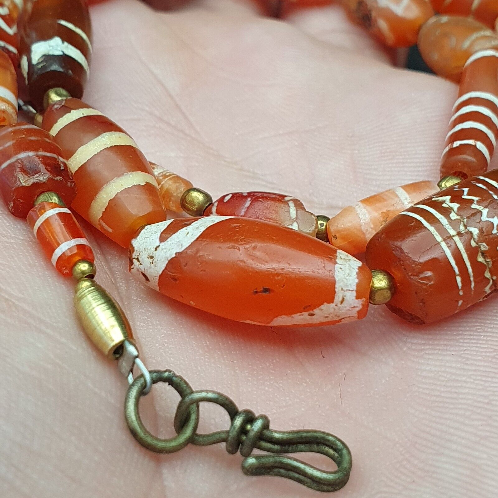Antique Ancient Tibetan Himalayan Etched Agate Longevity Dzi Beads MALA Necklace