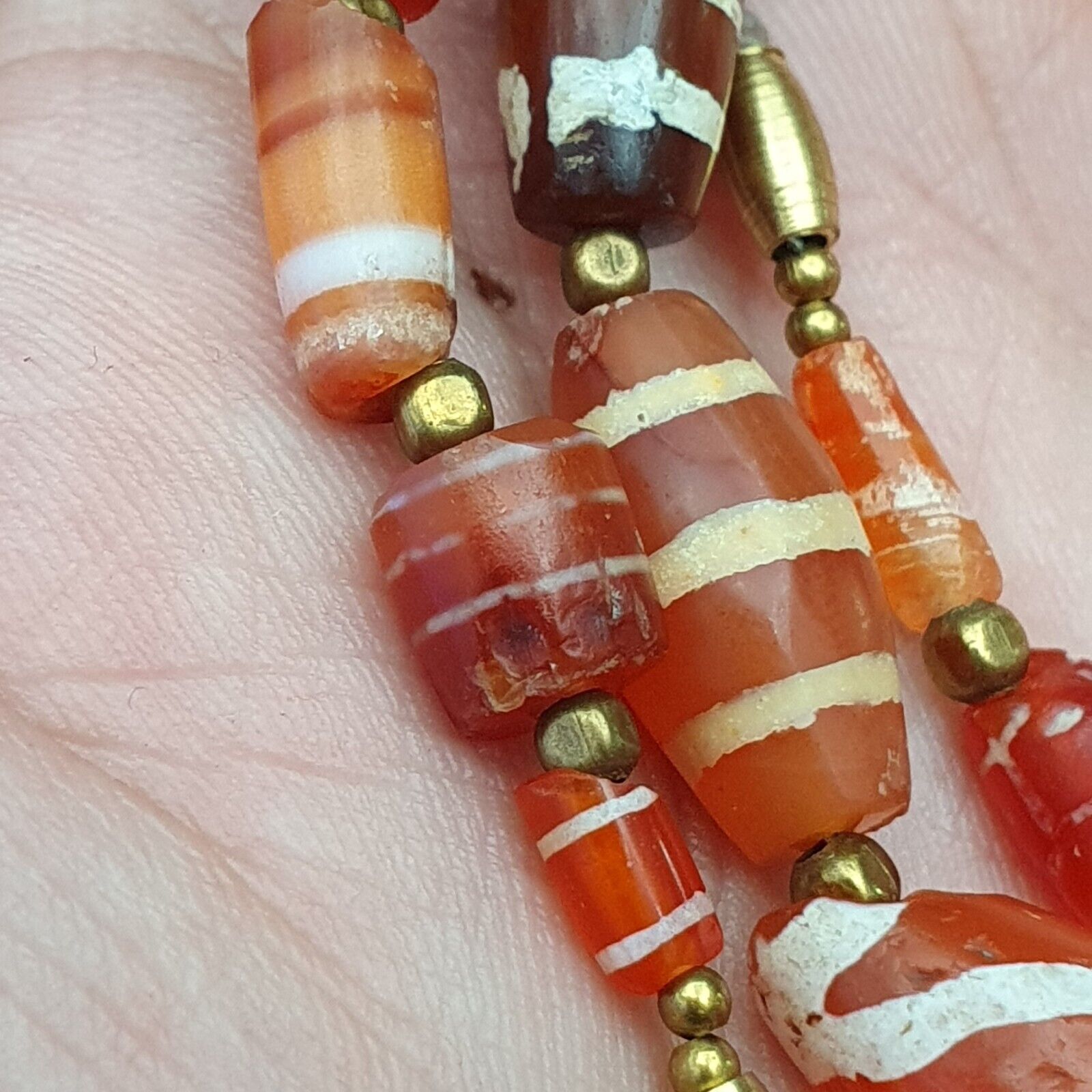 Antique Ancient Tibetan Himalayan Etched Agate Longevity Dzi Beads MALA Necklace