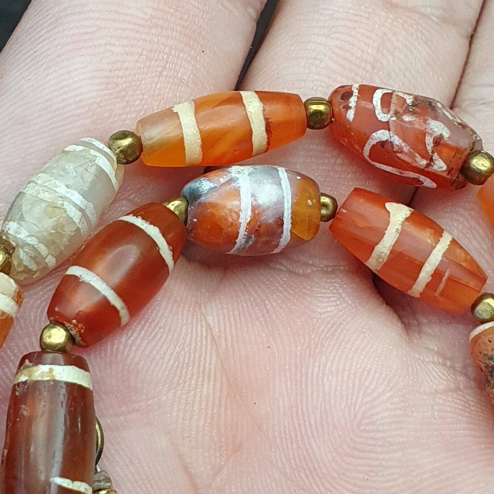 Antique Ancient Tibetan Himalayan Etched Agate Longevity Dzi Beads MALA Necklace