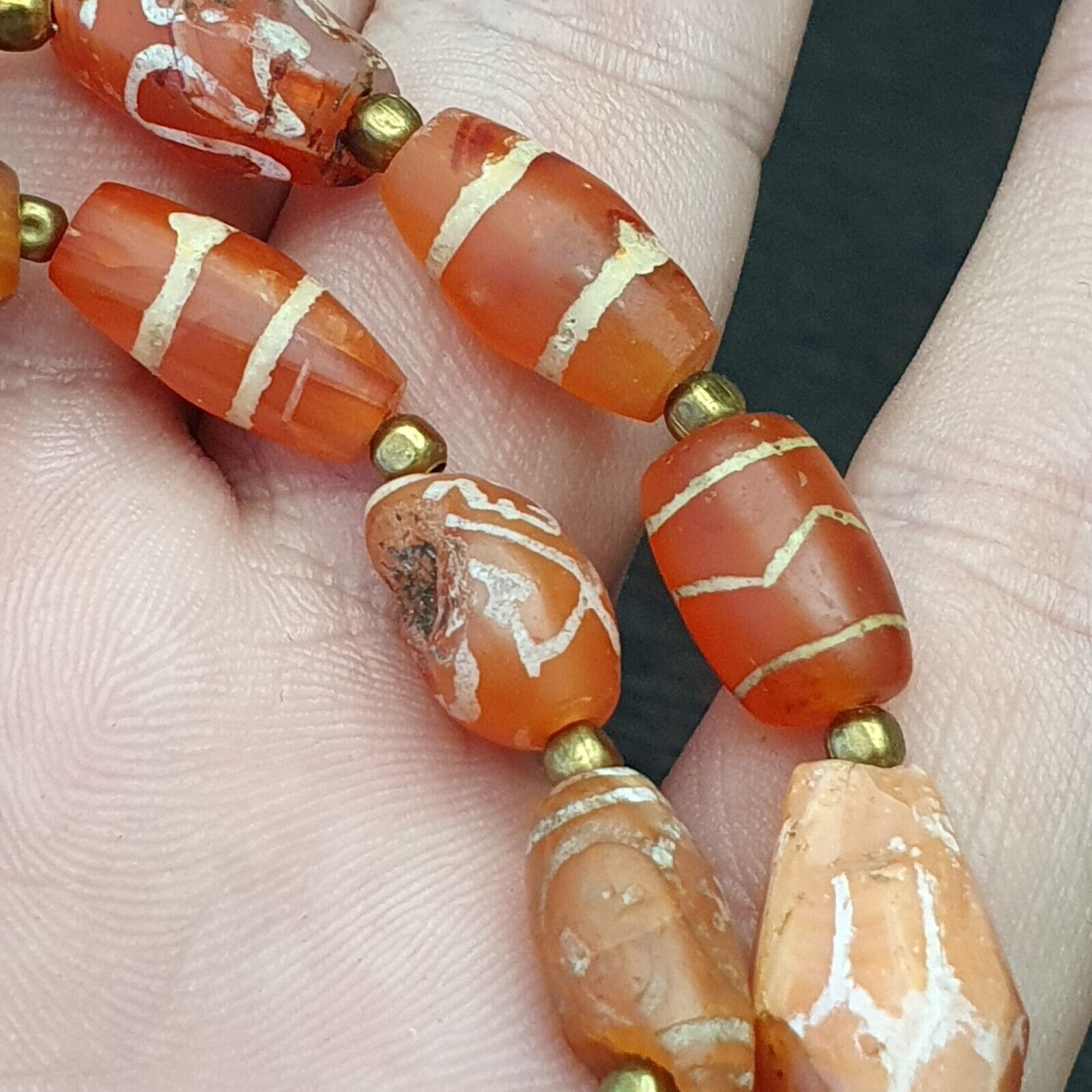 Antique Ancient Tibetan Himalayan Etched Agate Longevity Dzi Beads MALA Necklace